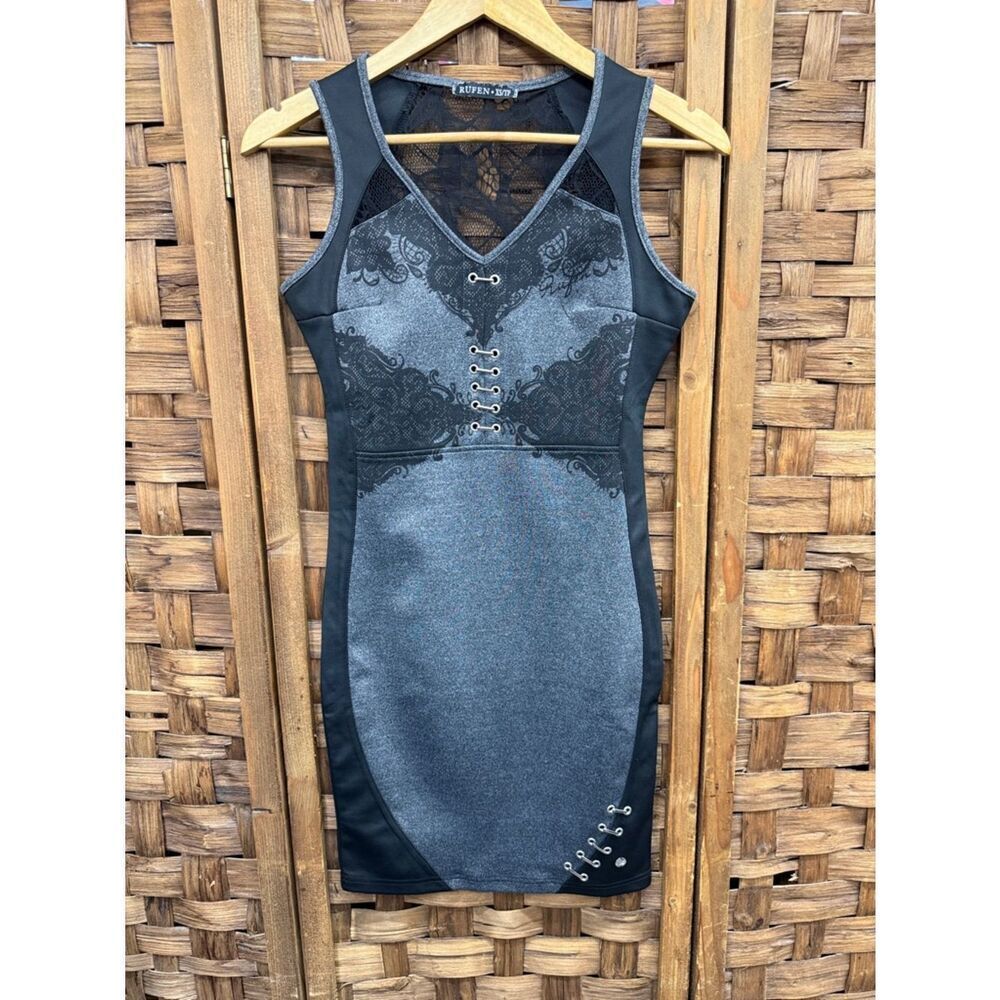 Rufen Gray & Black Lace-Up Bodycon Mini Dress